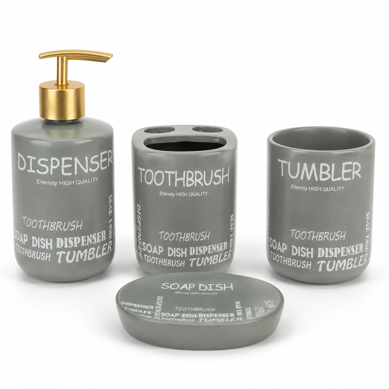 Premium 4-Piece Ceramic Bathroom Accessories Set with Gold Pump | Soap Dispenser, Toothbrush Holder, Tumbler & Soap Dish | Modern Bathroom Organizer | White & Grey