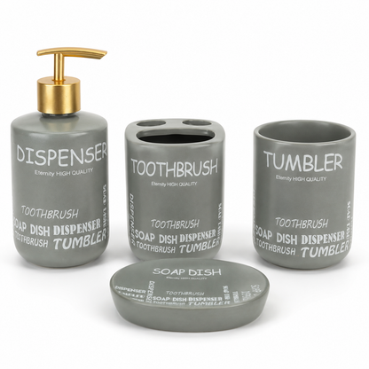 Premium 4-Piece Ceramic Bathroom Accessories Set with Gold Pump | Soap Dispenser, Toothbrush Holder, Tumbler & Soap Dish | Modern Bathroom Organizer | White & Grey