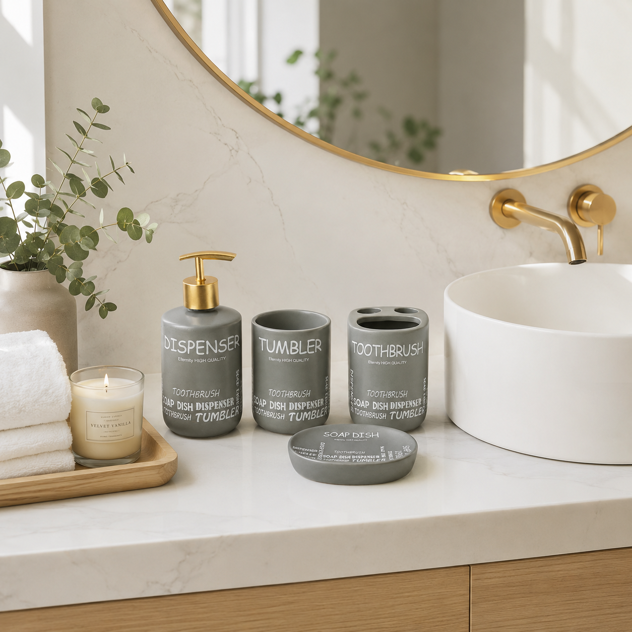 Premium 4-Piece Ceramic Bathroom Accessories Set with Gold Pump | Soap Dispenser, Toothbrush Holder, Tumbler & Soap Dish | Modern Bathroom Organizer | White & Grey