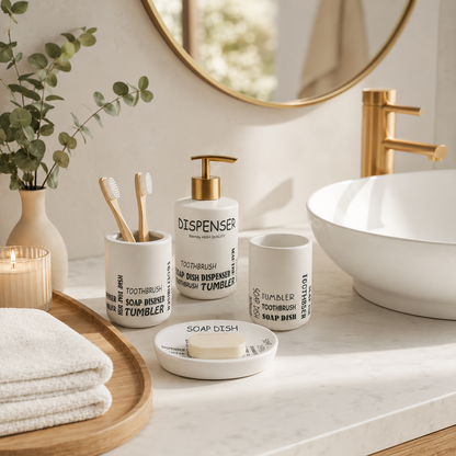 Premium 4-Piece Ceramic Bathroom Accessories Set with Gold Pump | Soap Dispenser, Toothbrush Holder, Tumbler & Soap Dish | Modern Bathroom Organizer | White & Grey