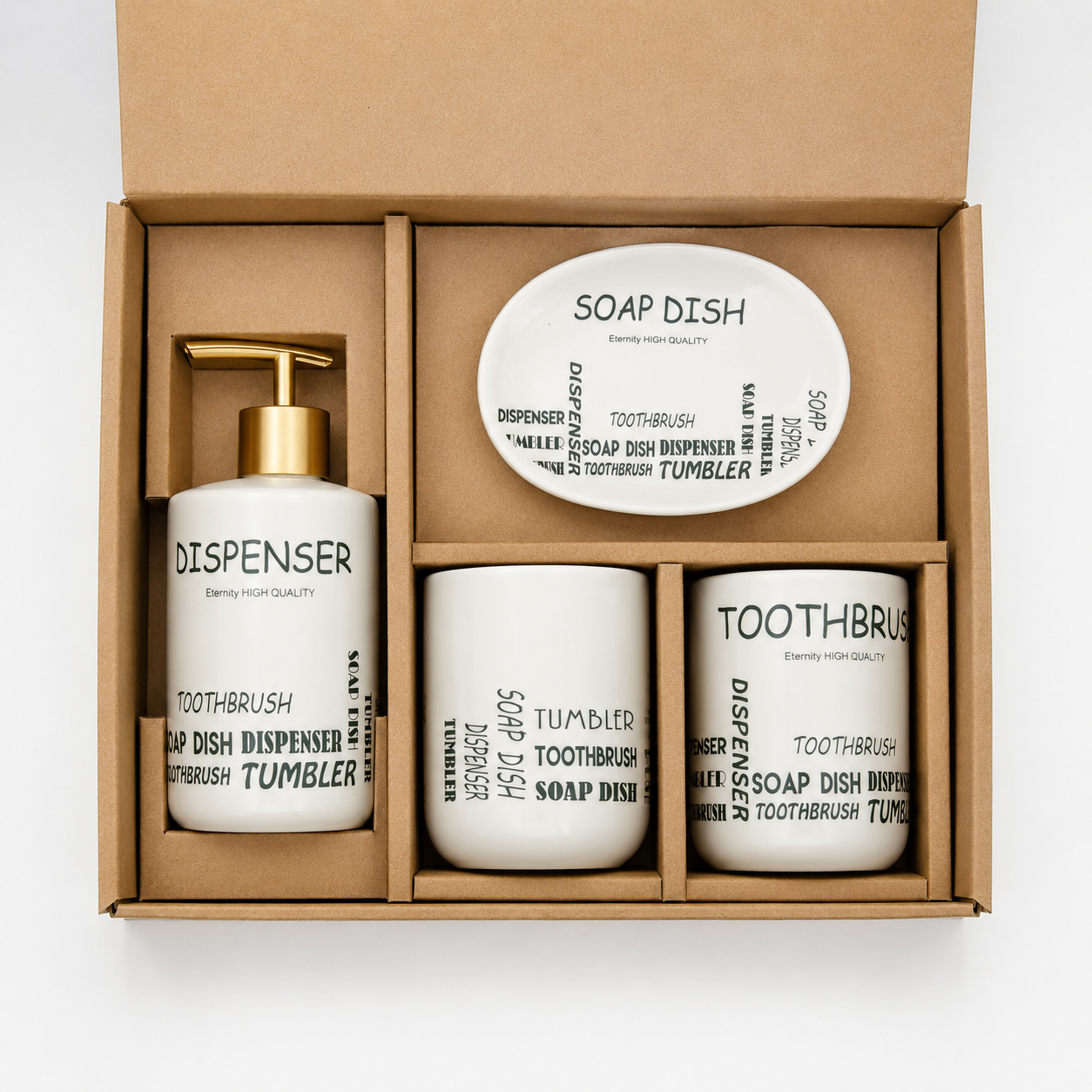 Premium 4-Piece Ceramic Bathroom Accessories Set with Gold Pump | Soap Dispenser, Toothbrush Holder, Tumbler & Soap Dish | Modern Bathroom Organizer | White & Grey