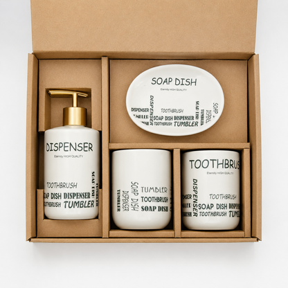Premium 4-Piece Ceramic Bathroom Accessories Set with Gold Pump | Soap Dispenser, Toothbrush Holder, Tumbler & Soap Dish | Modern Bathroom Organizer | White & Grey