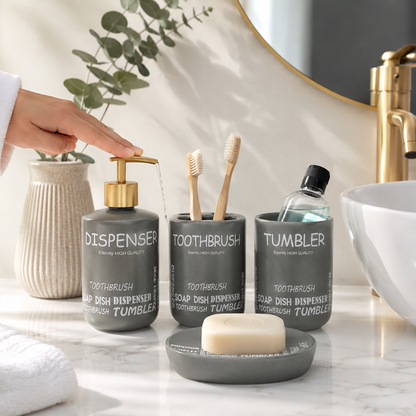 Premium 4-Piece Ceramic Bathroom Accessories Set with Gold Pump | Soap Dispenser, Toothbrush Holder, Tumbler & Soap Dish | Modern Bathroom Organizer | White & Grey