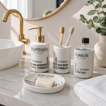 Premium 4-Piece Ceramic Bathroom Accessories Set with Gold Pump | Soap Dispenser, Toothbrush Holder, Tumbler & Soap Dish | Modern Bathroom Organizer | White & Grey