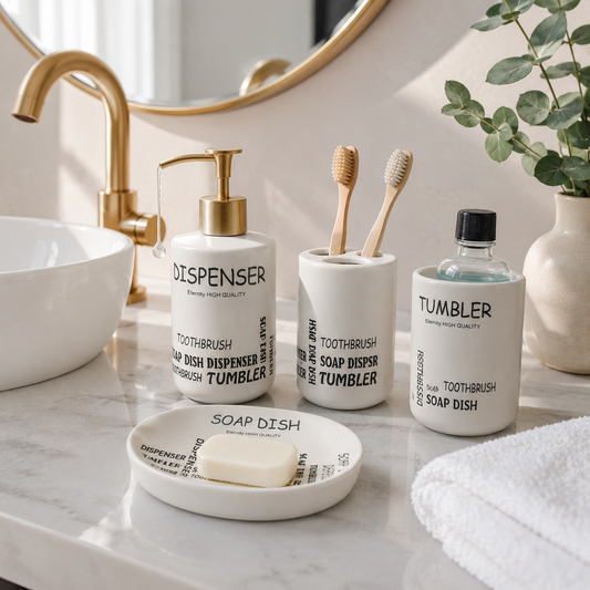 Premium 4-Piece Ceramic Bathroom Accessories Set with Gold Pump | Soap Dispenser, Toothbrush Holder, Tumbler & Soap Dish | Modern Bathroom Organizer | White & Grey