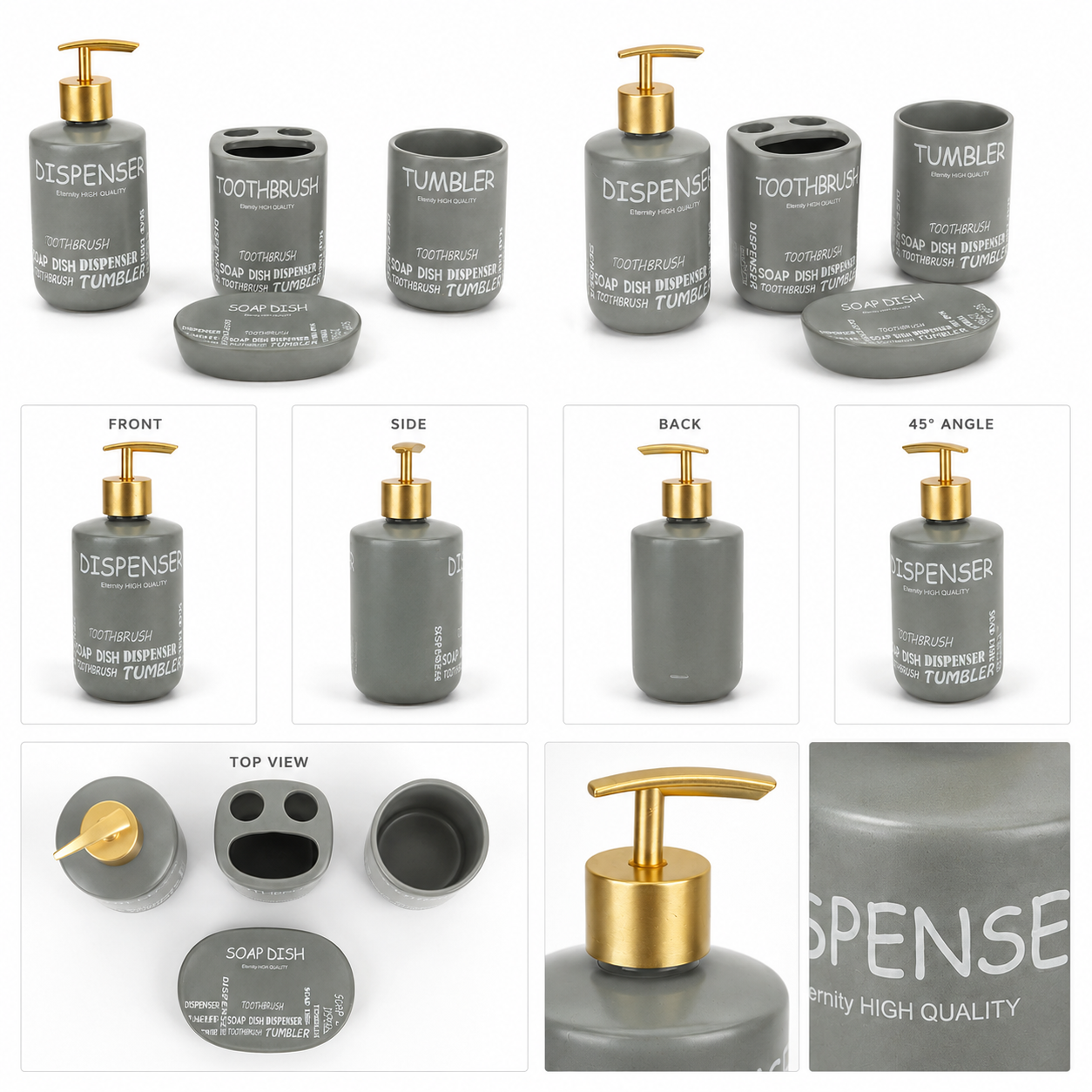 Premium 4-Piece Ceramic Bathroom Accessories Set with Gold Pump | Soap Dispenser, Toothbrush Holder, Tumbler & Soap Dish | Modern Bathroom Organizer | White & Grey