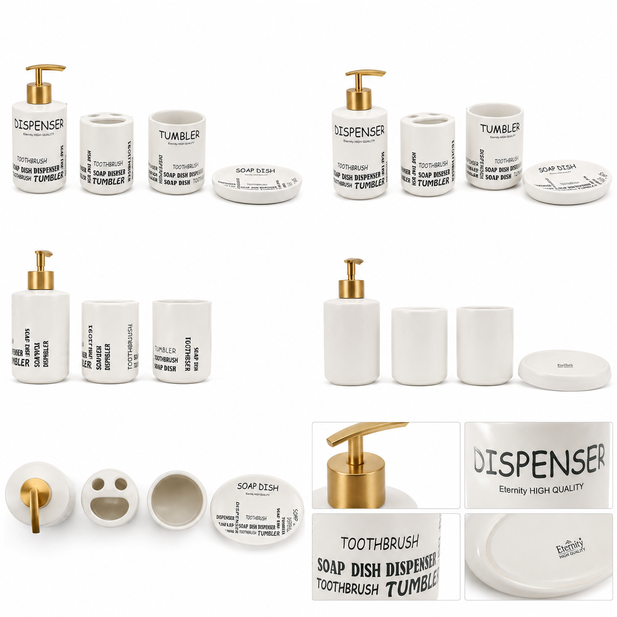 Premium 4-Piece Ceramic Bathroom Accessories Set with Gold Pump | Soap Dispenser, Toothbrush Holder, Tumbler & Soap Dish | Modern Bathroom Organizer | White & Grey