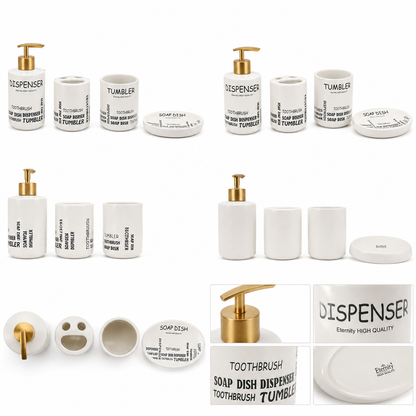 Premium 4-Piece Ceramic Bathroom Accessories Set with Gold Pump | Soap Dispenser, Toothbrush Holder, Tumbler & Soap Dish | Modern Bathroom Organizer | White & Grey