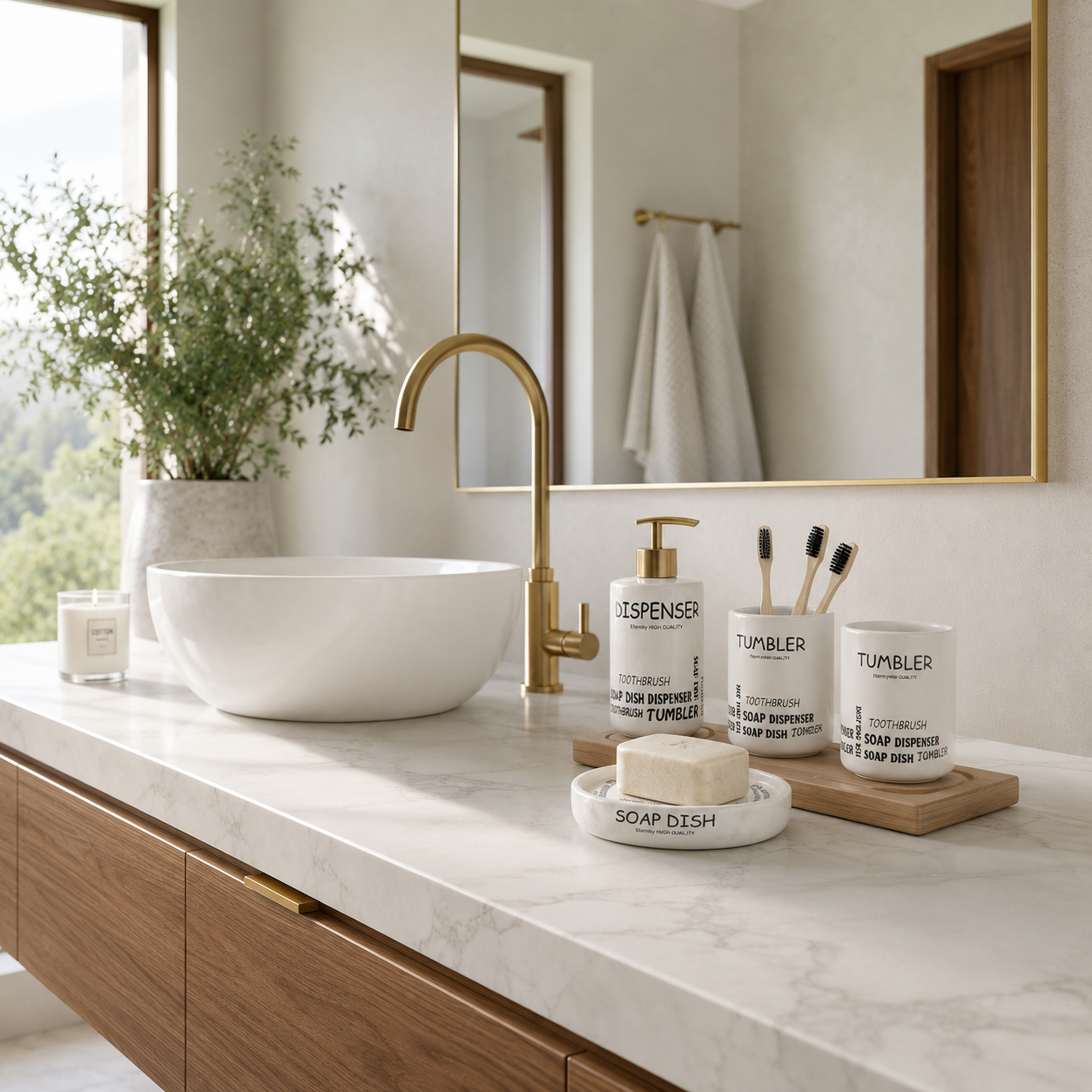 Premium 4-Piece Ceramic Bathroom Accessories Set with Gold Pump | Soap Dispenser, Toothbrush Holder, Tumbler & Soap Dish | Modern Bathroom Organizer | White & Grey