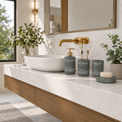 Premium 4-Piece Ceramic Bathroom Accessories Set with Gold Pump | Soap Dispenser, Toothbrush Holder, Tumbler & Soap Dish | Modern Bathroom Organizer | White & Grey
