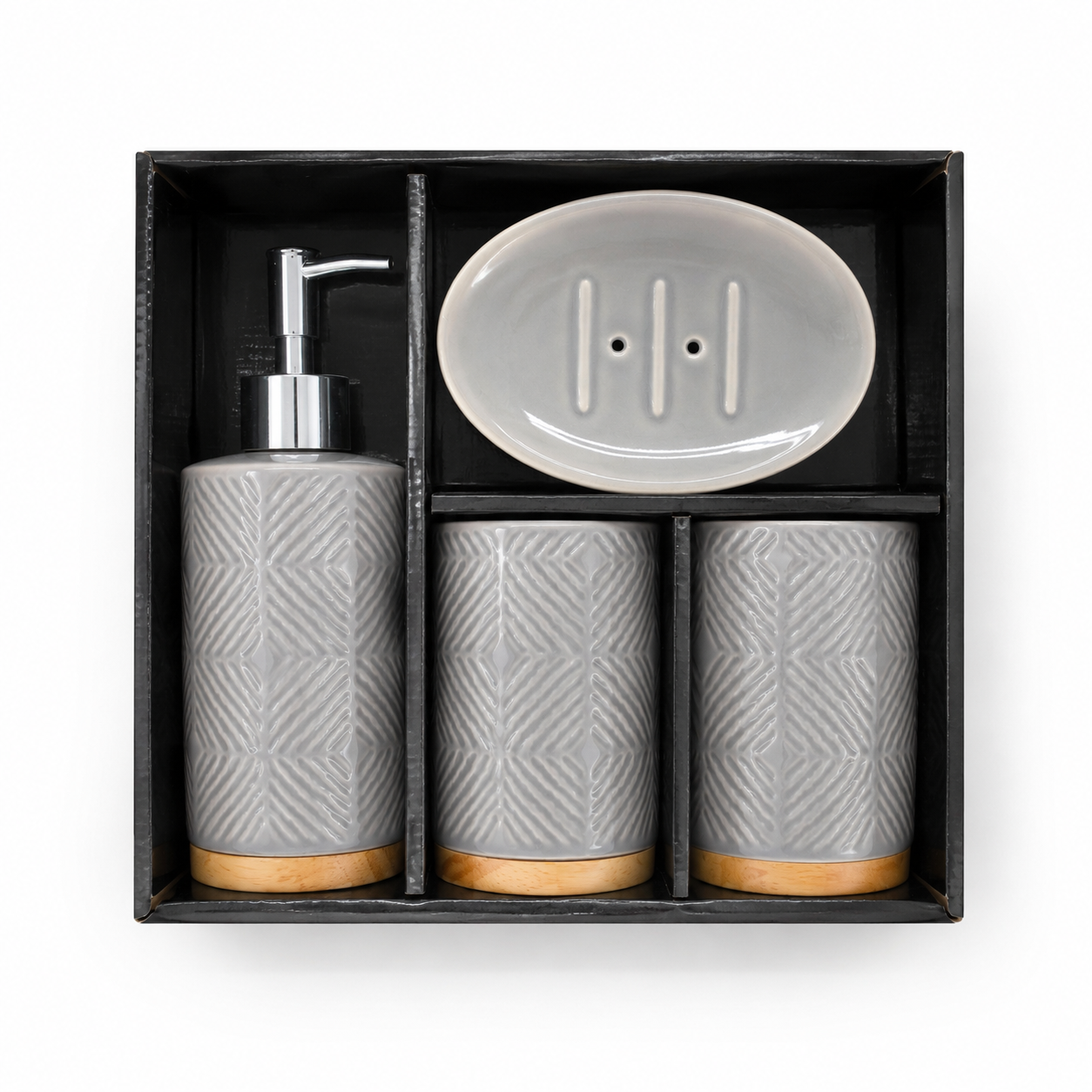Premium 4-Piece Ceramic Bathroom Accessories Set with Silver Pump | Soap Dispenser, Toothbrush Holder, Tumbler & Soap Dish | Grey Geometric Bathroom Organizer
