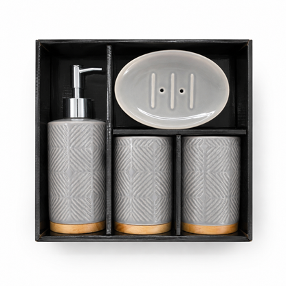 Premium 4-Piece Ceramic Bathroom Accessories Set with Silver Pump | Soap Dispenser, Toothbrush Holder, Tumbler & Soap Dish | Grey Geometric Bathroom Organizer