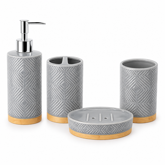Premium 4-Piece Ceramic Bathroom Accessories Set with Silver Pump | Soap Dispenser, Toothbrush Holder, Tumbler & Soap Dish | Grey Geometric Bathroom Organizer