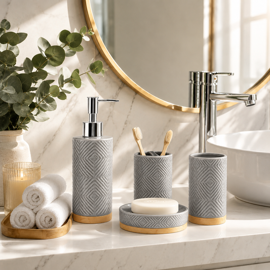 Premium 4-Piece Ceramic Bathroom Accessories Set with Silver Pump | Soap Dispenser, Toothbrush Holder, Tumbler & Soap Dish | Grey Geometric Bathroom Organizer