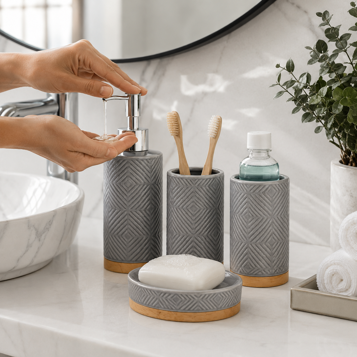 Premium 4-Piece Ceramic Bathroom Accessories Set with Silver Pump | Soap Dispenser, Toothbrush Holder, Tumbler & Soap Dish | Grey Geometric Bathroom Organizer