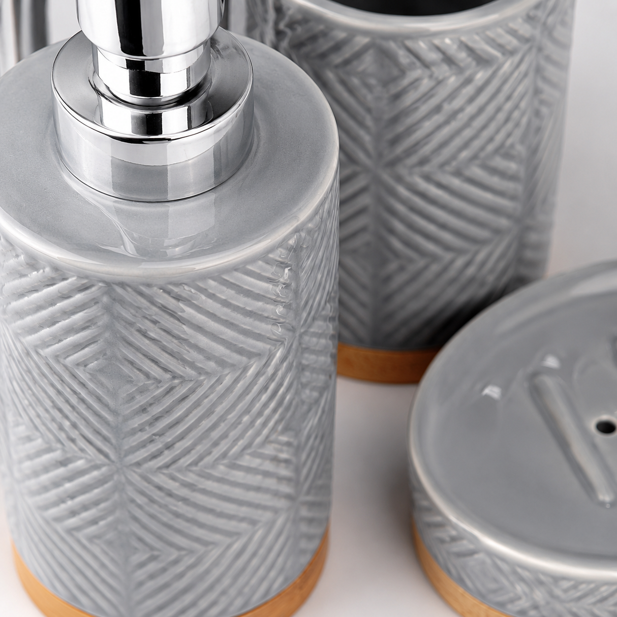 Premium 4-Piece Ceramic Bathroom Accessories Set with Silver Pump | Soap Dispenser, Toothbrush Holder, Tumbler & Soap Dish | Grey Geometric Bathroom Organizer
