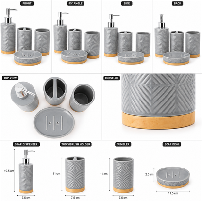 Premium 4-Piece Ceramic Bathroom Accessories Set with Silver Pump | Soap Dispenser, Toothbrush Holder, Tumbler & Soap Dish | Grey Geometric Bathroom Organizer