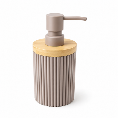 Premium Ribbed Ceramic Soap Dispenser with Bamboo Lid | Modern Refillable Bathroom & Kitchen Liquid Soap Dispenser | Matte Pump | Nordic Design (17 cm)