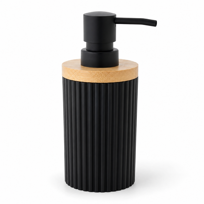 Premium Ribbed Ceramic Soap Dispenser with Bamboo Lid | Modern Refillable Bathroom & Kitchen Liquid Soap Dispenser | Matte Pump | Nordic Design (17 cm)