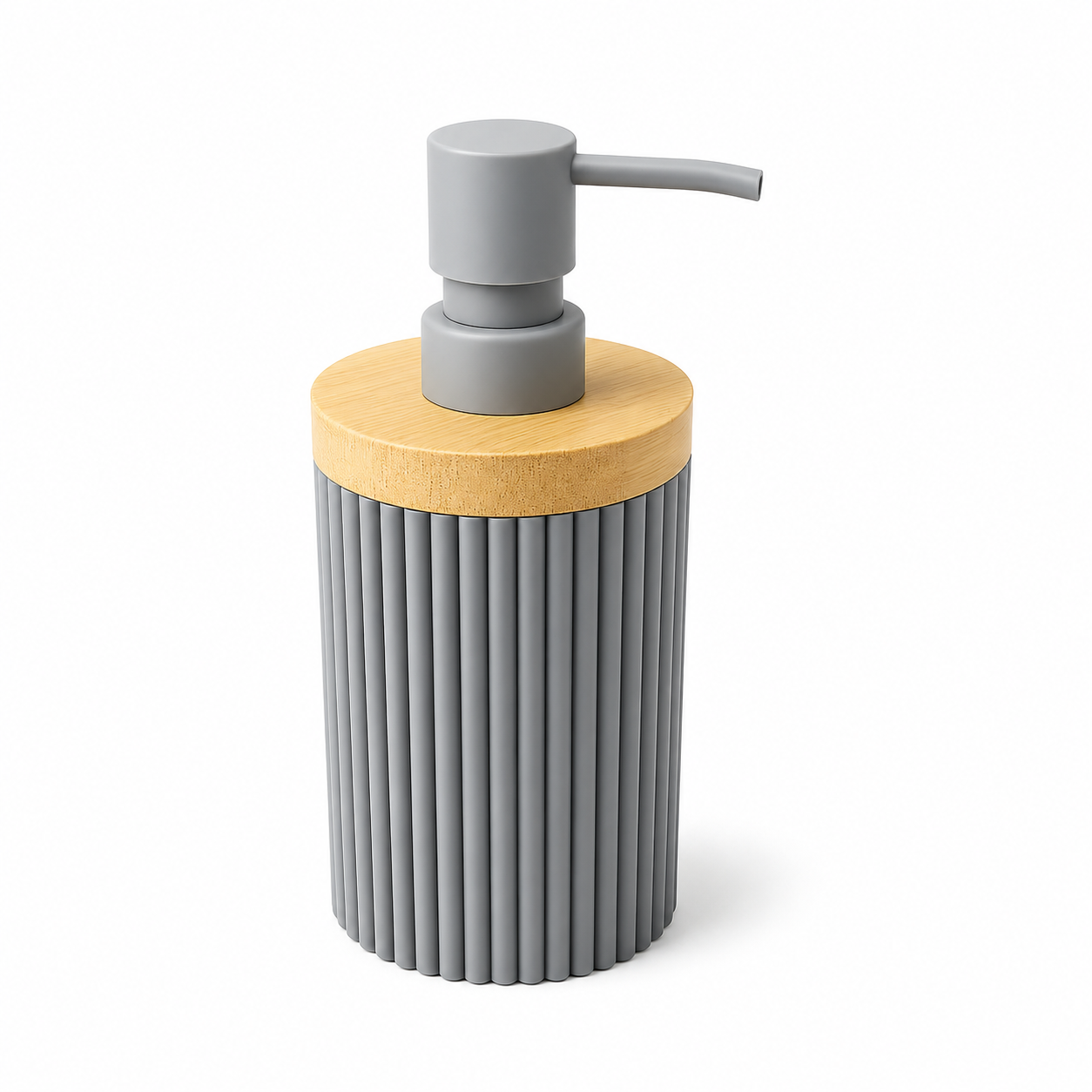 Premium Ribbed Ceramic Soap Dispenser with Bamboo Lid | Modern Refillable Bathroom & Kitchen Liquid Soap Dispenser | Matte Pump | Nordic Design (17 cm)
