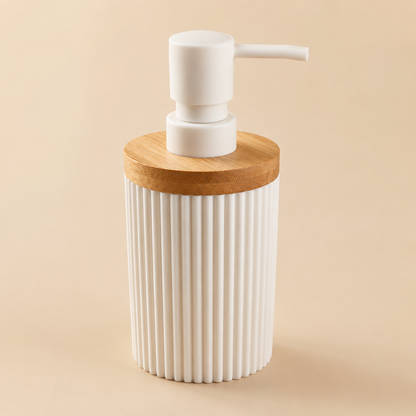 Premium Ribbed Ceramic Soap Dispenser with Bamboo Lid | Modern Refillable Bathroom & Kitchen Liquid Soap Dispenser | Matte Pump | Nordic Design (17 cm)