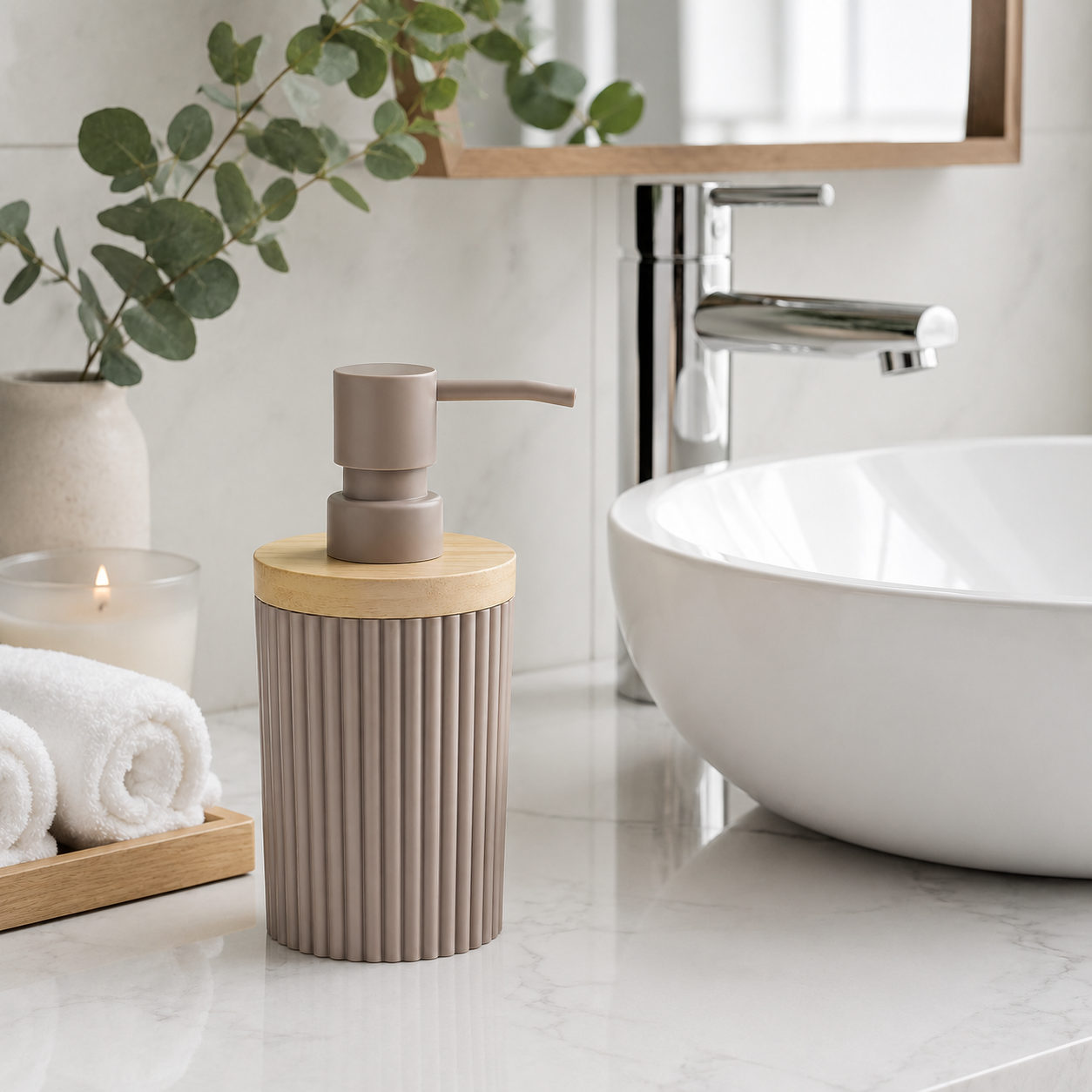 Premium Ribbed Ceramic Soap Dispenser with Bamboo Lid | Modern Refillable Bathroom & Kitchen Liquid Soap Dispenser | Matte Pump | Nordic Design (17 cm)