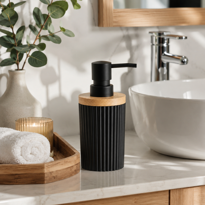 Premium Ribbed Ceramic Soap Dispenser with Bamboo Lid | Modern Refillable Bathroom & Kitchen Liquid Soap Dispenser | Matte Pump | Nordic Design (17 cm)