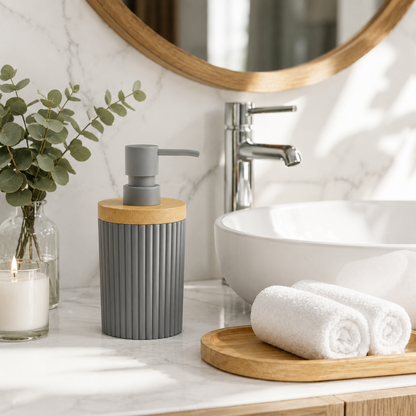 Premium Ribbed Ceramic Soap Dispenser with Bamboo Lid | Modern Refillable Bathroom & Kitchen Liquid Soap Dispenser | Matte Pump | Nordic Design (17 cm)