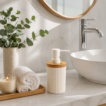 Premium Ribbed Ceramic Soap Dispenser with Bamboo Lid | Modern Refillable Bathroom & Kitchen Liquid Soap Dispenser | Matte Pump | Nordic Design (17 cm)