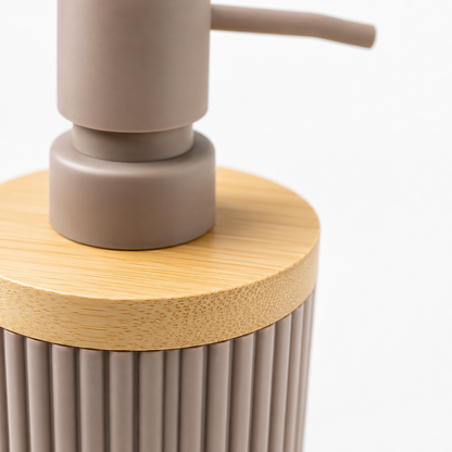Premium Ribbed Ceramic Soap Dispenser with Bamboo Lid | Modern Refillable Bathroom & Kitchen Liquid Soap Dispenser | Matte Pump | Nordic Design (17 cm)