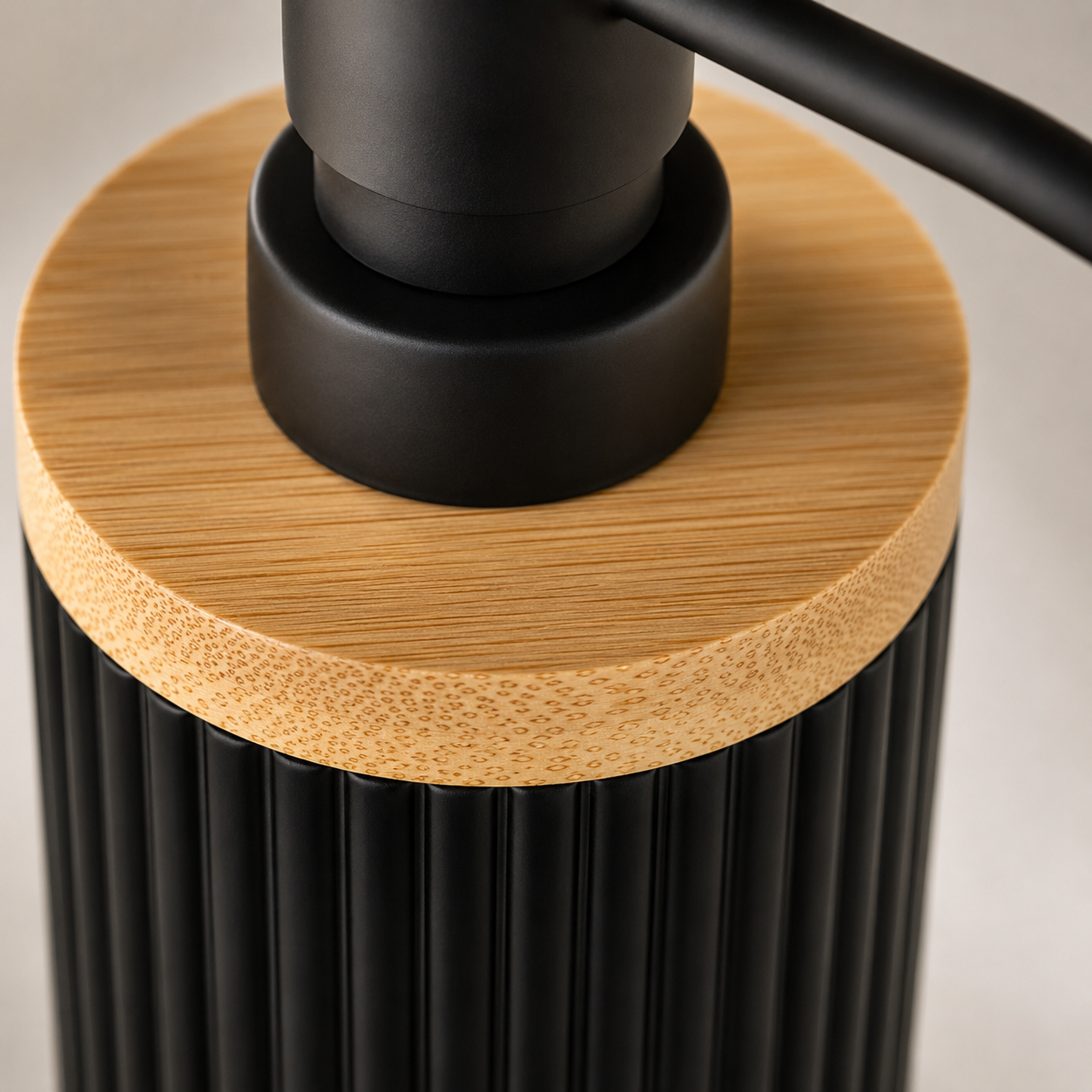 Premium Ribbed Ceramic Soap Dispenser with Bamboo Lid | Modern Refillable Bathroom & Kitchen Liquid Soap Dispenser | Matte Pump | Nordic Design (17 cm)