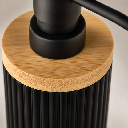 Premium Ribbed Ceramic Soap Dispenser with Bamboo Lid | Modern Refillable Bathroom & Kitchen Liquid Soap Dispenser | Matte Pump | Nordic Design (17 cm)