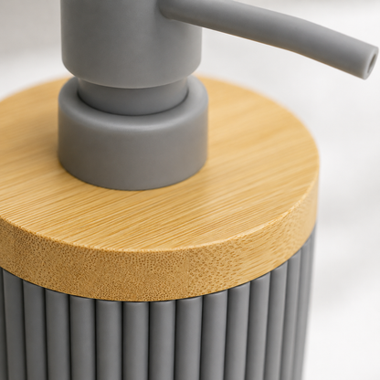 Premium Ribbed Ceramic Soap Dispenser with Bamboo Lid | Modern Refillable Bathroom & Kitchen Liquid Soap Dispenser | Matte Pump | Nordic Design (17 cm)