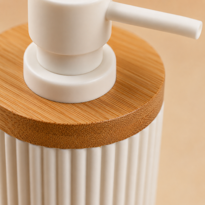Premium Ribbed Ceramic Soap Dispenser with Bamboo Lid | Modern Refillable Bathroom & Kitchen Liquid Soap Dispenser | Matte Pump | Nordic Design (17 cm)