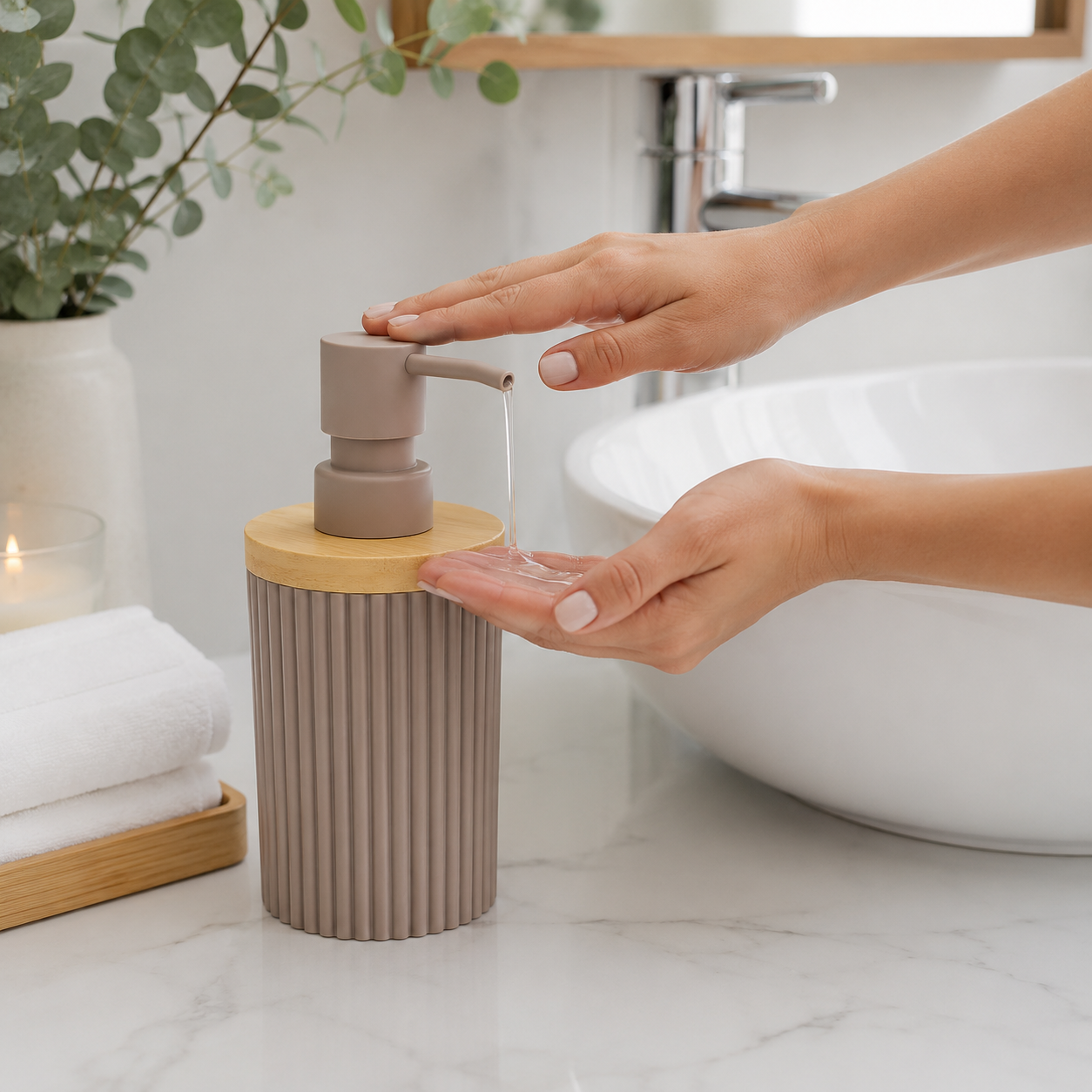 Premium Ribbed Ceramic Soap Dispenser with Bamboo Lid | Modern Refillable Bathroom & Kitchen Liquid Soap Dispenser | Matte Pump | Nordic Design (17 cm)