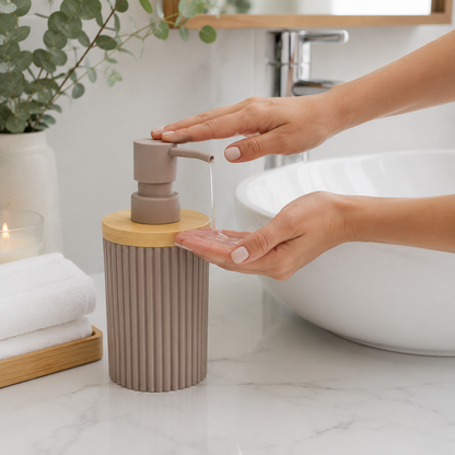 Premium Ribbed Ceramic Soap Dispenser with Bamboo Lid | Modern Refillable Bathroom & Kitchen Liquid Soap Dispenser | Matte Pump | Nordic Design (17 cm)