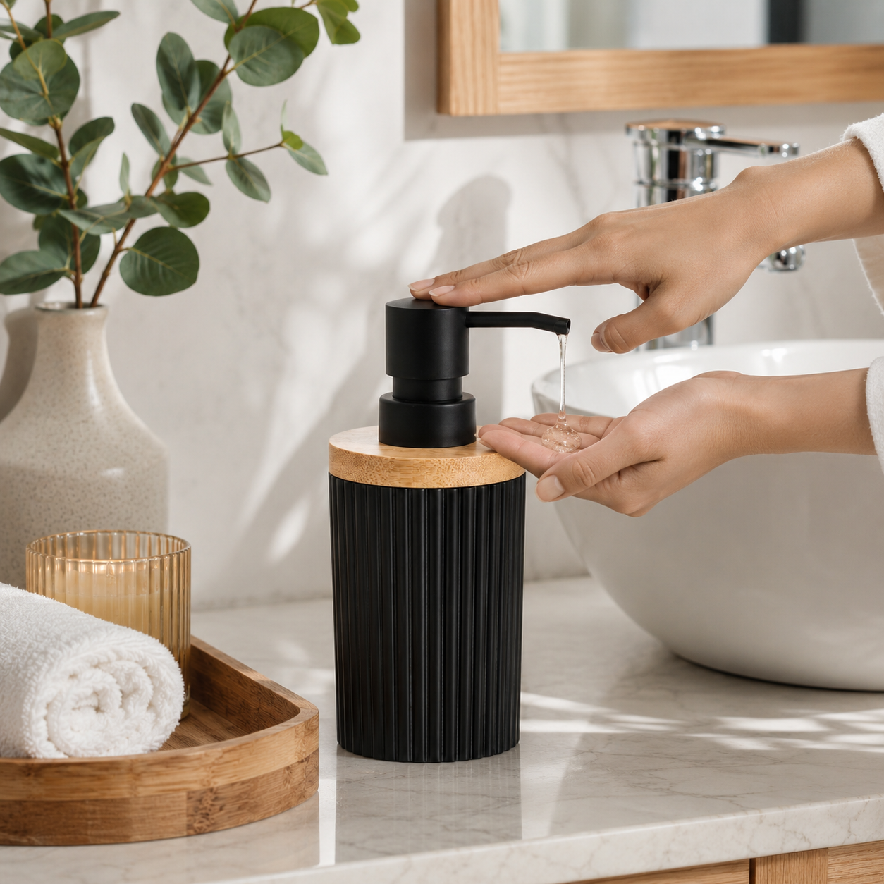 Premium Ribbed Ceramic Soap Dispenser with Bamboo Lid | Modern Refillable Bathroom & Kitchen Liquid Soap Dispenser | Matte Pump | Nordic Design (17 cm)