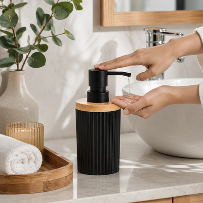 Premium Ribbed Ceramic Soap Dispenser with Bamboo Lid | Modern Refillable Bathroom & Kitchen Liquid Soap Dispenser | Matte Pump | Nordic Design (17 cm)