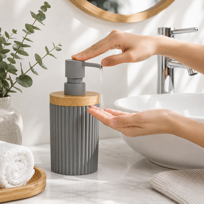 Premium Ribbed Ceramic Soap Dispenser with Bamboo Lid | Modern Refillable Bathroom & Kitchen Liquid Soap Dispenser | Matte Pump | Nordic Design (17 cm)