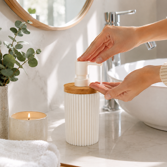 Premium Ribbed Ceramic Soap Dispenser with Bamboo Lid | Modern Refillable Bathroom & Kitchen Liquid Soap Dispenser | Matte Pump | Nordic Design (17 cm)