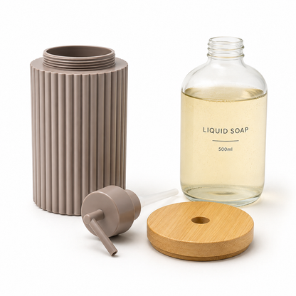 Premium Ribbed Ceramic Soap Dispenser with Bamboo Lid | Modern Refillable Bathroom & Kitchen Liquid Soap Dispenser | Matte Pump | Nordic Design (17 cm)