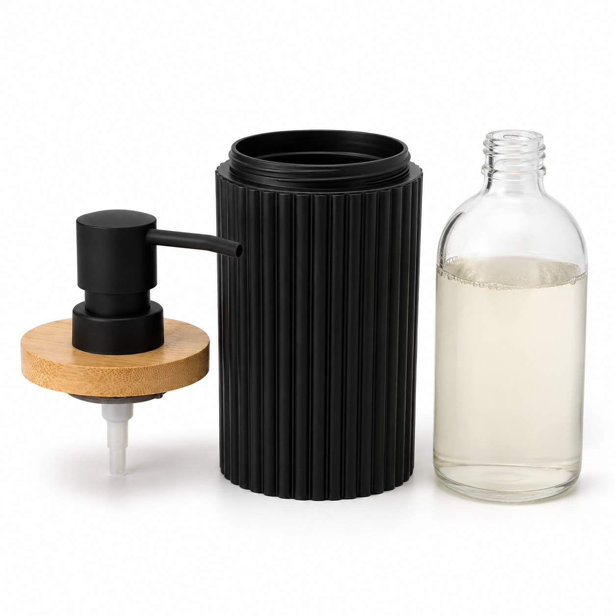 Premium Ribbed Ceramic Soap Dispenser with Bamboo Lid | Modern Refillable Bathroom & Kitchen Liquid Soap Dispenser | Matte Pump | Nordic Design (17 cm)