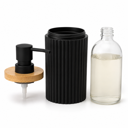 Premium Ribbed Ceramic Soap Dispenser with Bamboo Lid | Modern Refillable Bathroom & Kitchen Liquid Soap Dispenser | Matte Pump | Nordic Design (17 cm)