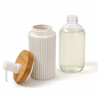 Premium Ribbed Ceramic Soap Dispenser with Bamboo Lid | Modern Refillable Bathroom & Kitchen Liquid Soap Dispenser | Matte Pump | Nordic Design (17 cm)