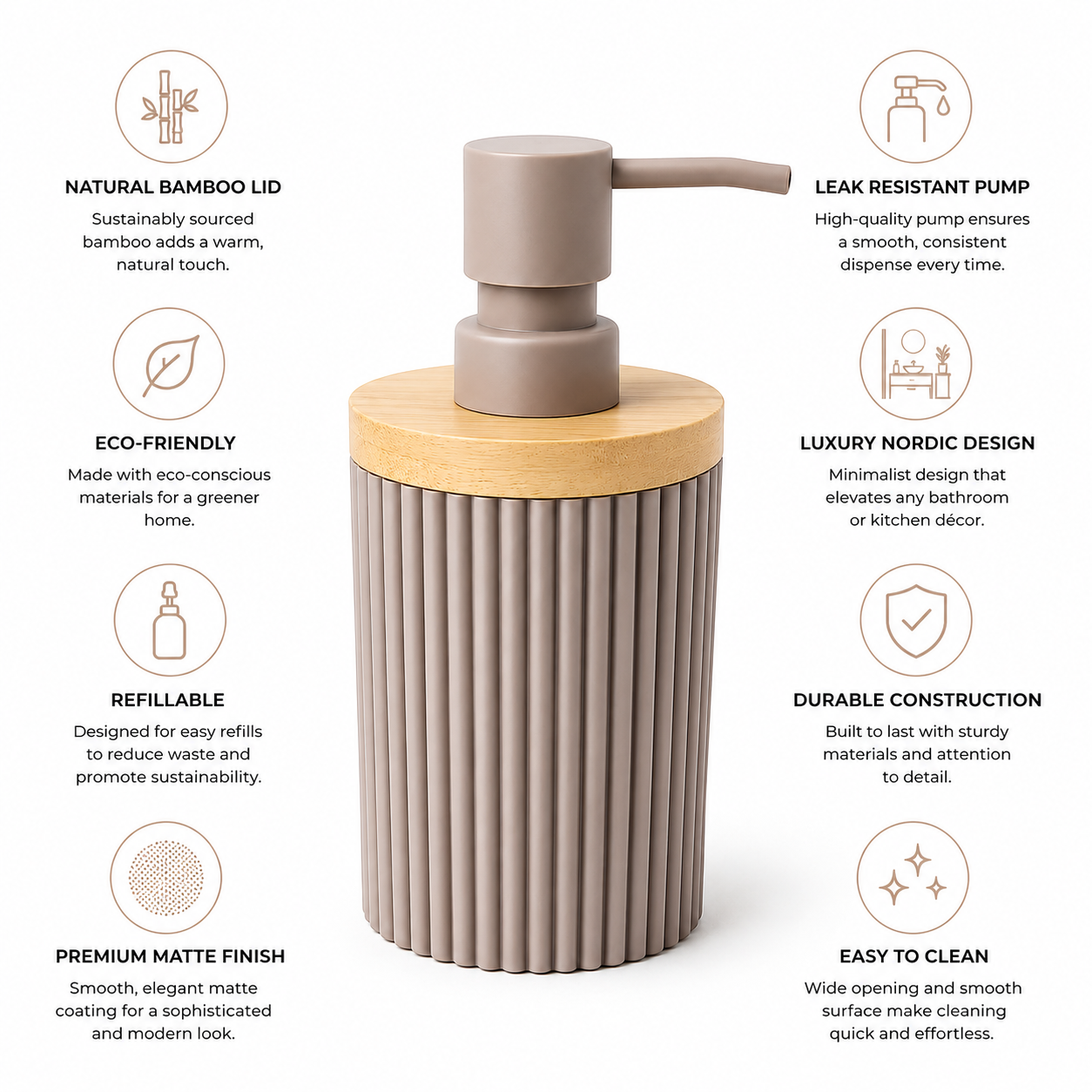 Premium Ribbed Ceramic Soap Dispenser with Bamboo Lid | Modern Refillable Bathroom & Kitchen Liquid Soap Dispenser | Matte Pump | Nordic Design (17 cm)