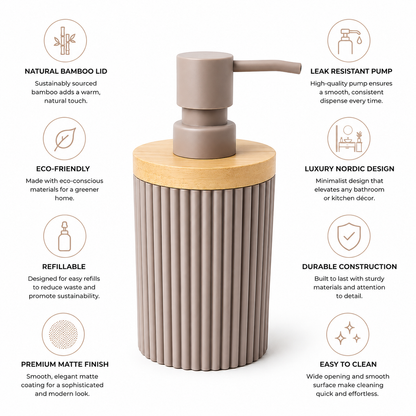 Premium Ribbed Ceramic Soap Dispenser with Bamboo Lid | Modern Refillable Bathroom & Kitchen Liquid Soap Dispenser | Matte Pump | Nordic Design (17 cm)