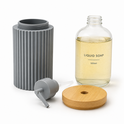 Premium Ribbed Ceramic Soap Dispenser with Bamboo Lid | Modern Refillable Bathroom & Kitchen Liquid Soap Dispenser | Matte Pump | Nordic Design (17 cm)
