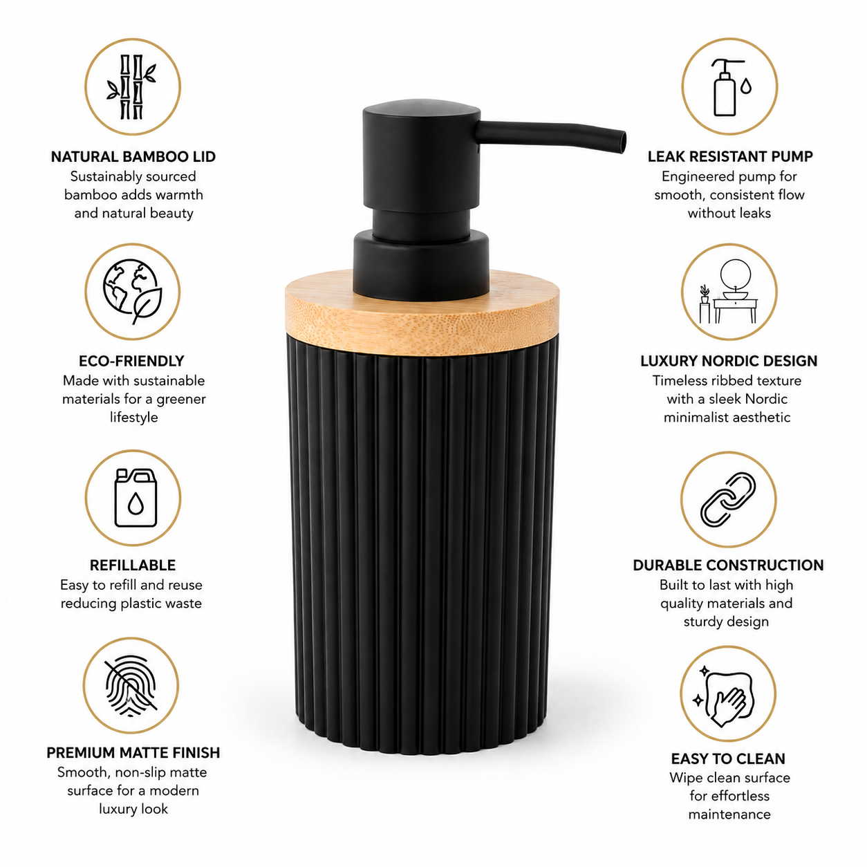 Premium Ribbed Ceramic Soap Dispenser with Bamboo Lid | Modern Refillable Bathroom & Kitchen Liquid Soap Dispenser | Matte Pump | Nordic Design (17 cm)
