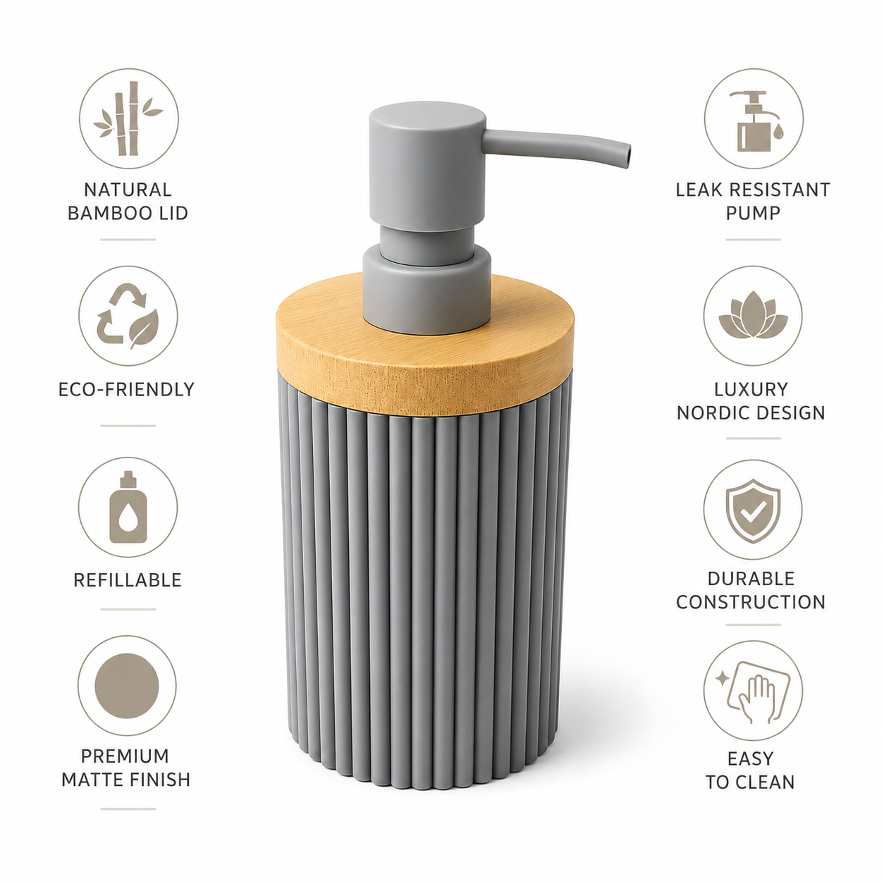 Premium Ribbed Ceramic Soap Dispenser with Bamboo Lid | Modern Refillable Bathroom & Kitchen Liquid Soap Dispenser | Matte Pump | Nordic Design (17 cm)