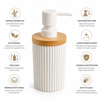 Premium Ribbed Ceramic Soap Dispenser with Bamboo Lid | Modern Refillable Bathroom & Kitchen Liquid Soap Dispenser | Matte Pump | Nordic Design (17 cm)